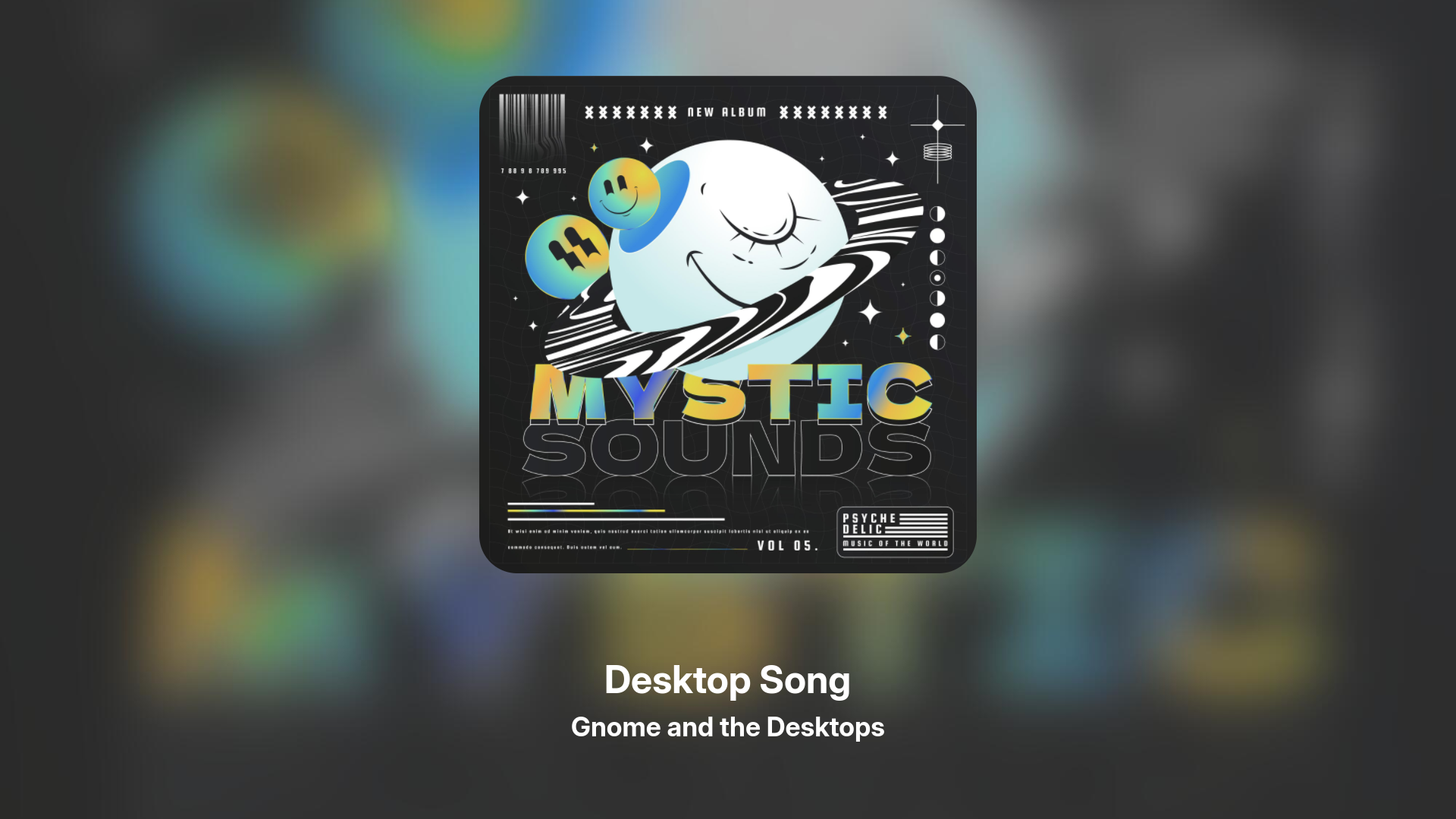 Dropbeat’s fullscreen now-playing view showing Desktop Song by Gnome and the Desktops over a blurred color-matched background