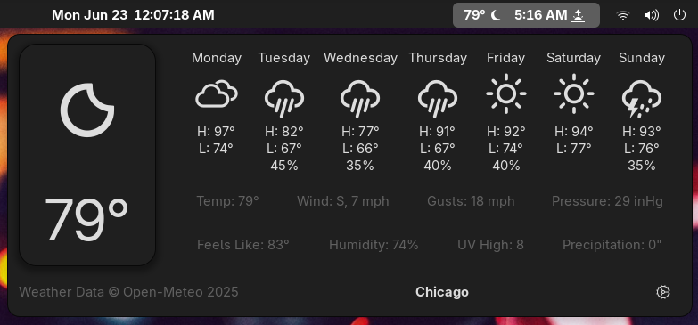 SimpleWeather showing current conditions and a seven-day forecast in GNOME Shell