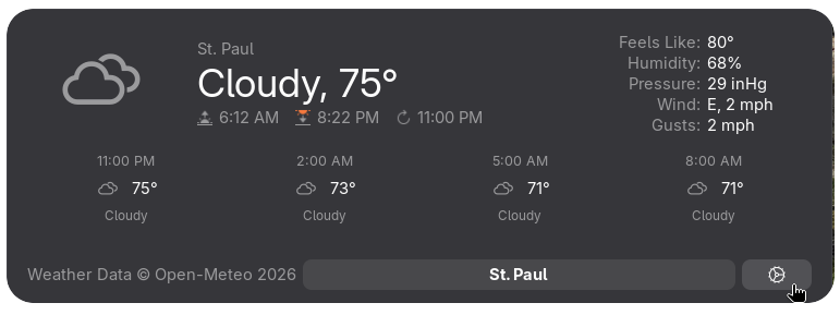 SimpleWeather classic layout using the GNOME system theme in St. Paul