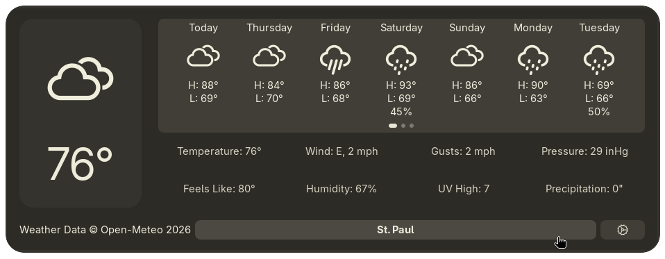 SimpleWeather default layout using the After Dark theme in St. Paul