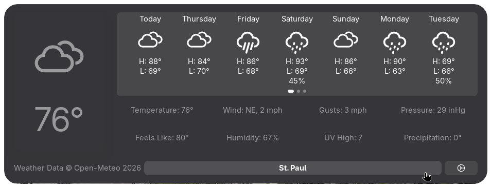 SimpleWeather default layout using the GNOME system theme in St. Paul